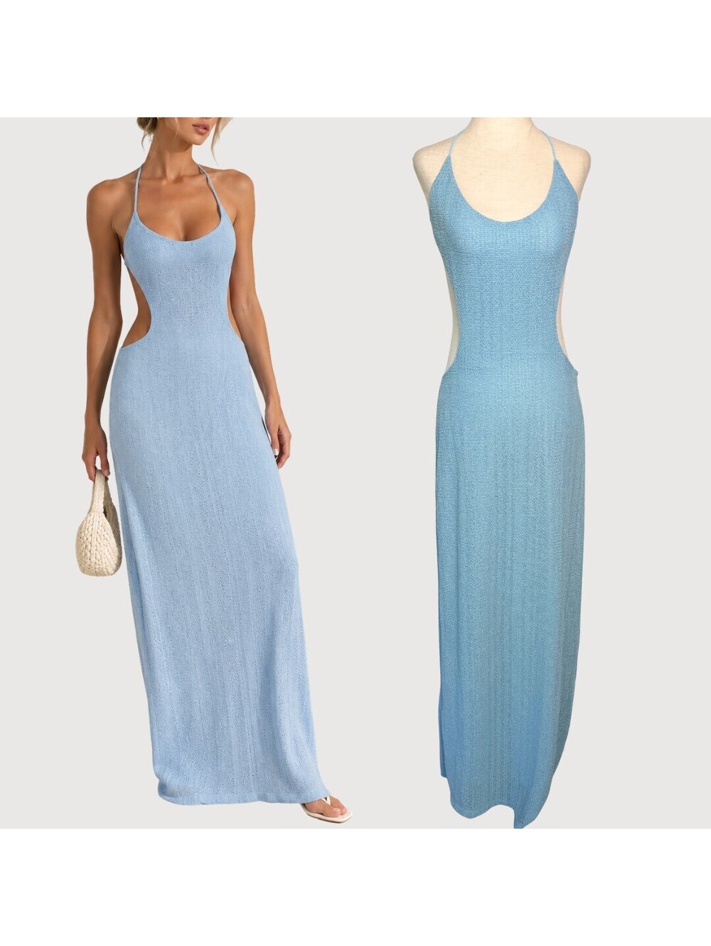 White Fox NWT Solis Textured Knit Maxi Dress Baby Blue S